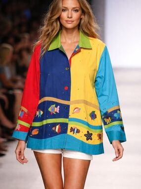 Quacker Factory Lime Green Jacket with Multicolor Nautical Print Lining